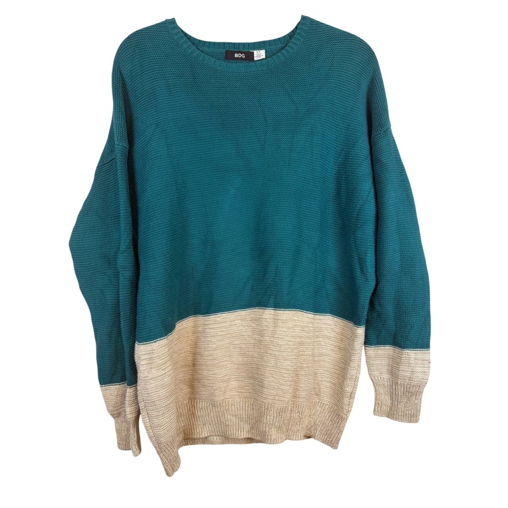 BDG Urban Outfitters Teal Beige Colorblock Knit Sweater Small P Relaxed Crewneck